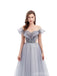 Grey A-line Short Sleeves Off Shoulder Long Prom Dresses Online,12775