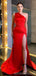 Sexy Red Mermaid One Shoulder Side Slit Cheap Long Prom Dresses,12976