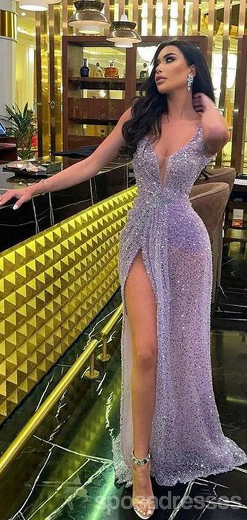 Sexy Purple V-neck High Slit Cheap Long Prom Dresses Online,12982