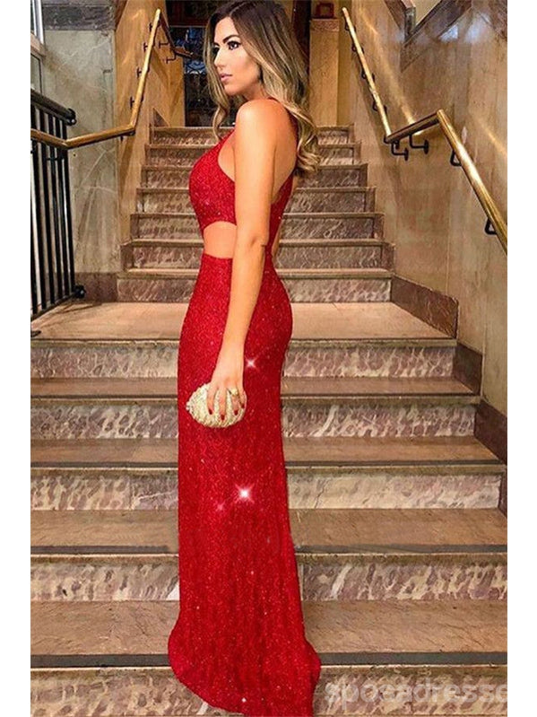 Sexy Red Mermaid One Shoulder Side Slit Cheap Long Prom Dresses,12970