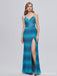 Blue Mermaid Spaghetti Straps Side Slit V-neck Cheap Prom Dresses,12990