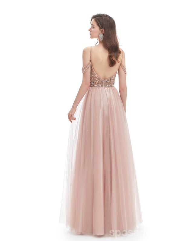 Pink A-line Off Shoulder Spaghetti Straps Backless Prom Dresses Online,12801