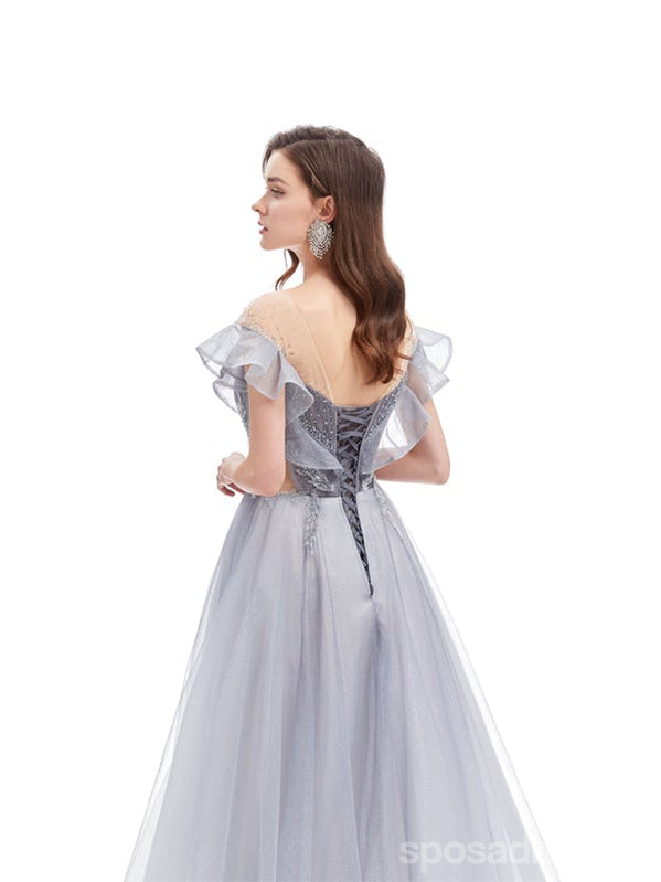 Grey A-line Short Sleeves Off Shoulder Long Prom Dresses Online,12775