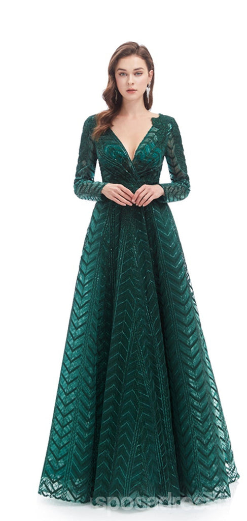 Emerald Green A-line Long Sleeves V-neck Prom Dresses Online,12800