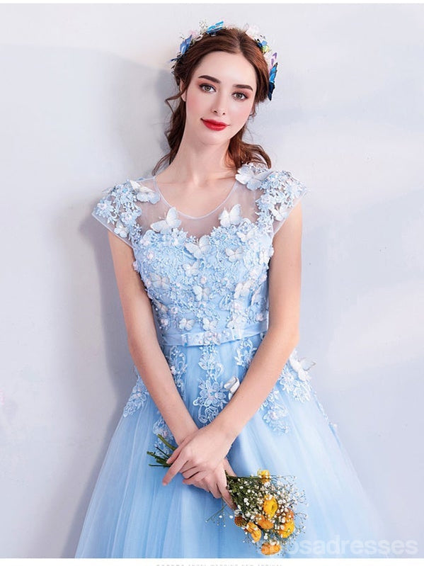 Blue A-line Short Sleeves Jewel Long Prom Dresses Online, Dance Dresses,12798