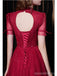 Burgundy A-line Short Sleeves Openback Long Prom Dresses Online,12767