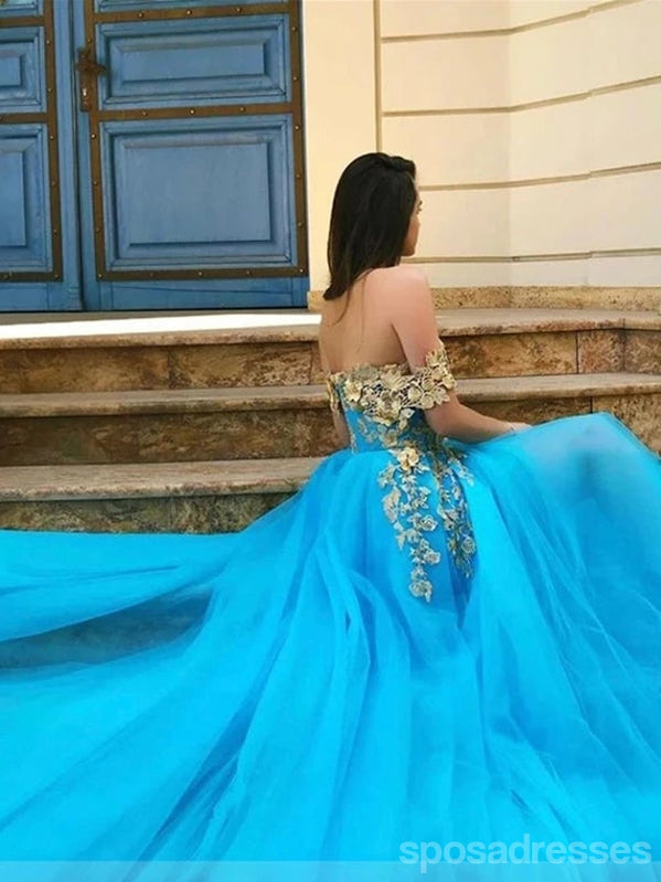 Floral Blue A-line Off Shoulder High Slit Cheap Long Prom Dresses Online,12803