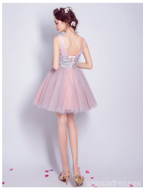 V Neck Dusty Pink Tulle Beaded Short Homecoming Dresses Online, Robes de bal courtes pas chères, CM845