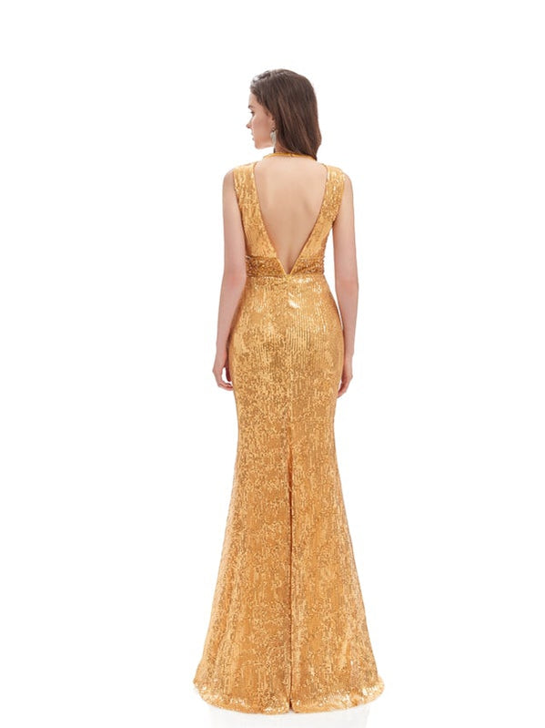 Sexy Gold Mermaid Sleeveless V-neck Backless Long Prom Dresses Online,12772