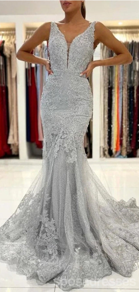 Sexy Grey Mermaid Straps V-neck Cheap Long Prom Dresses Online,12836