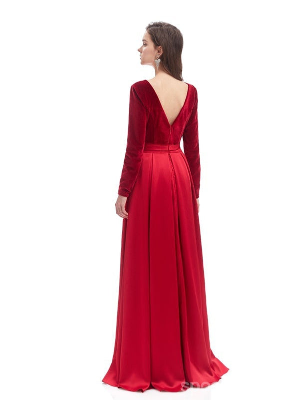 Red A-line Long Sleeves High Slit V-neck Cheap Prom Dresses Online,12770