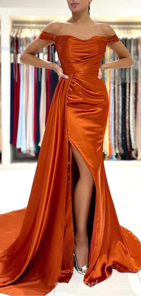 Burnt Orange Mermaid Off Shoulder High Slit Cheap Bridesmaid Dresses,WG1273