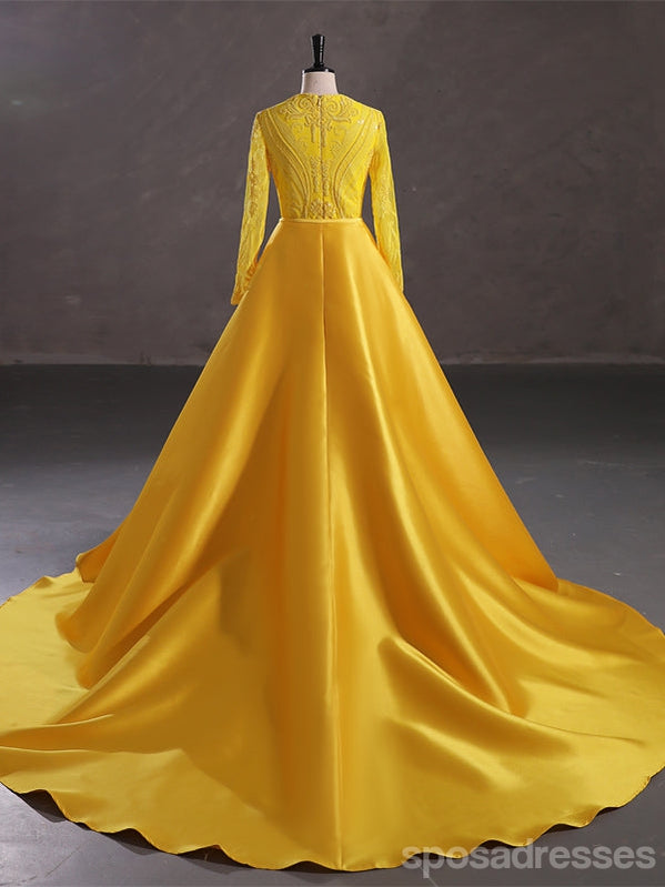 Modest Yellow Mermaid Long Sleeves Jewel Prom Dresses Online,13060