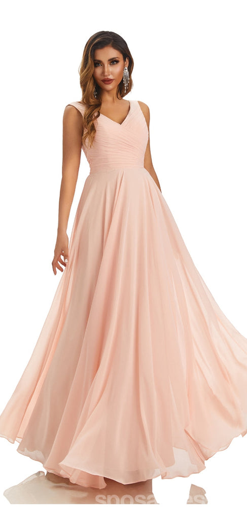 Pink A-line Straps V-neck Cheap Chiffon Long Bridesmaid Dresses,WG1610