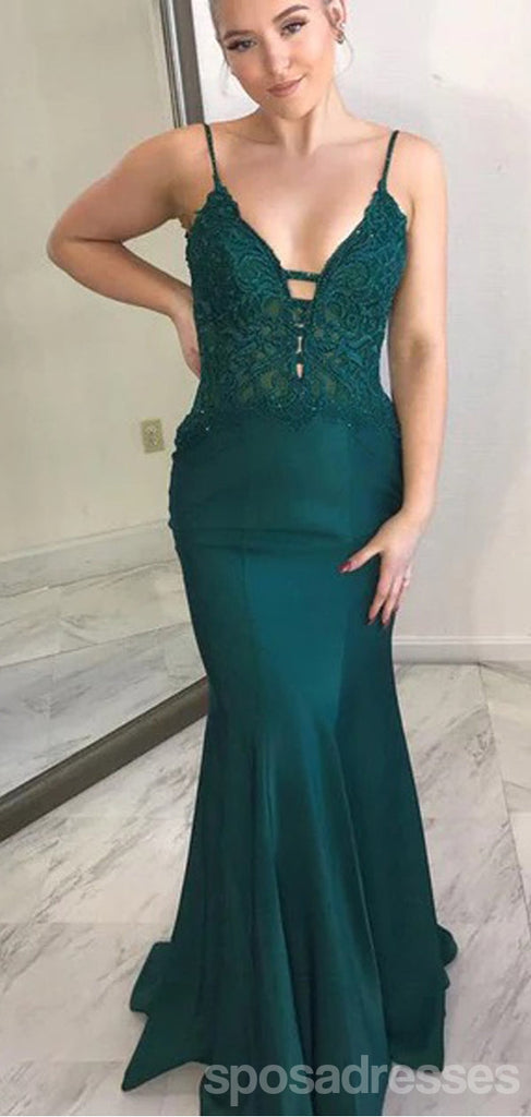 Teal Mermaid Spaghetti Straps V-neck Cheap Long Bridesmaid Dresses,WG1624