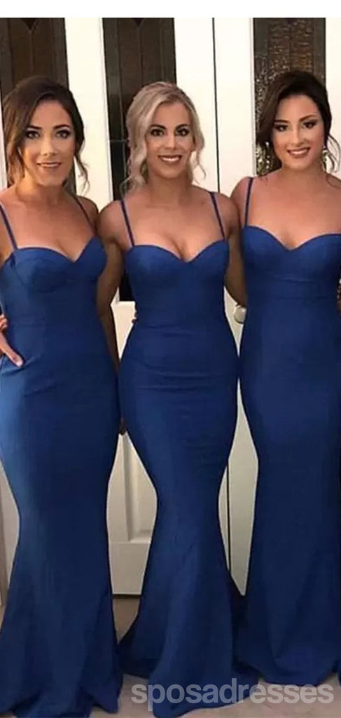 Simple Navy Blue Mermaid Spaghetti Straps Cheap Long Bridesmaid Dresses,WG1262