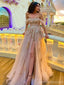 Gorgeous Pink A-line Off Shoulder Side Slit Maxi Long Prom Dresses,13251