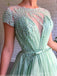 Mint Green A-line Short Sleeves Jewel High Slit Long Prom Dresses Online,12795