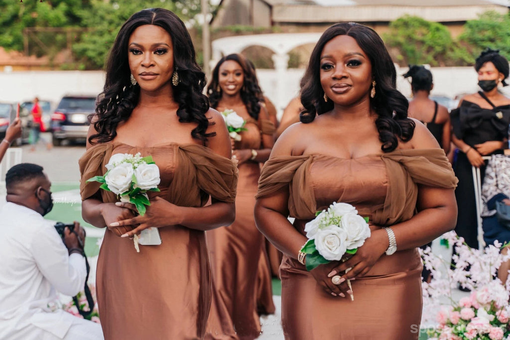 Newest Brown Mermaid Off Shoulder Cheap Long Bridesmaid Dresses,WG1637