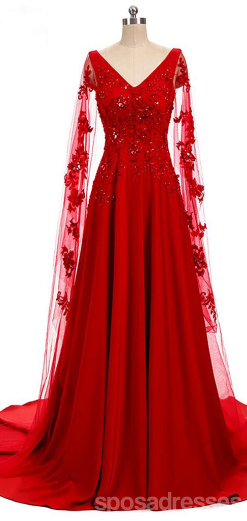 Red A-line Long Sleeves V-neck Cheap Prom Dresses Online,Dance Dresses,12578