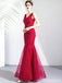 Sexy Red Mermaid V-neck Lace Applique Long Prom Dresses Online,12754