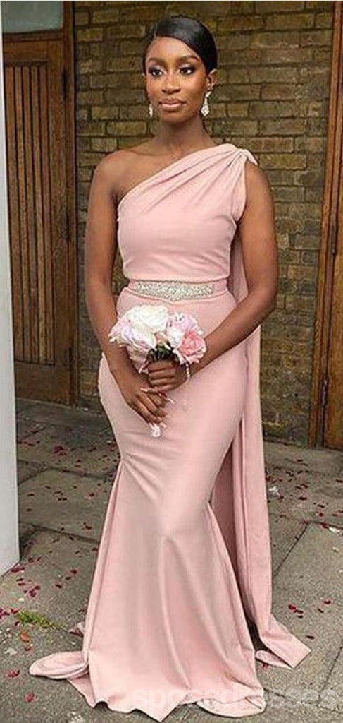 Pink Mermaid One Shoulder Cheap Long Bridesmaid Dresses,WG1477