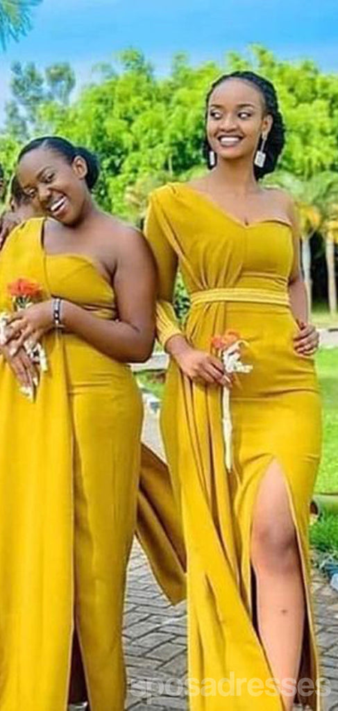 Yellow Mermaid One Shoulder High Slit Cheap Long Bridesmaid Dresses,WG1365