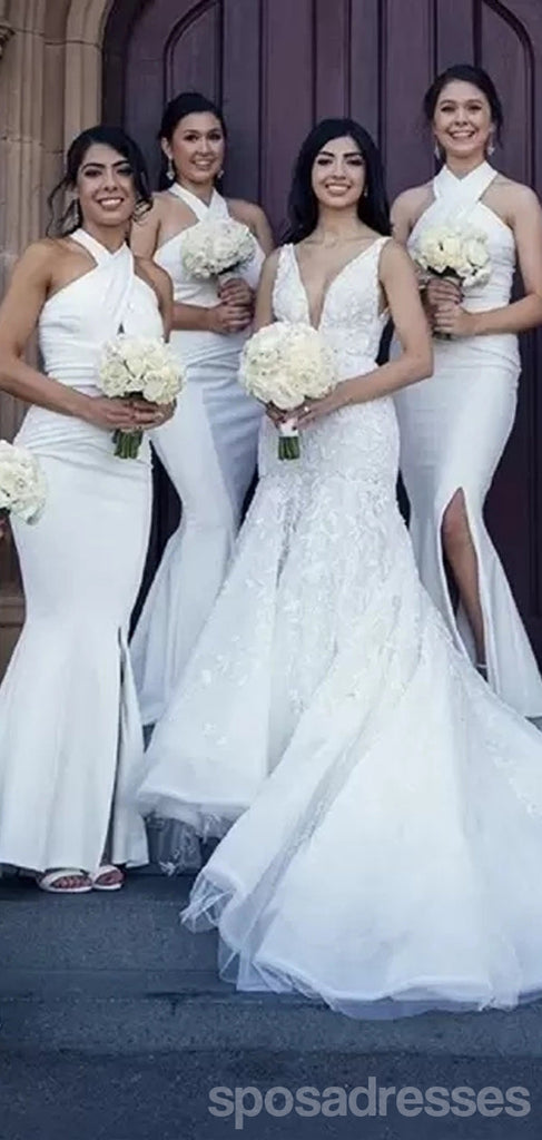 Simple White Mermaid Halter Cheap Long Bridesmaid Dresses Online,WG1285