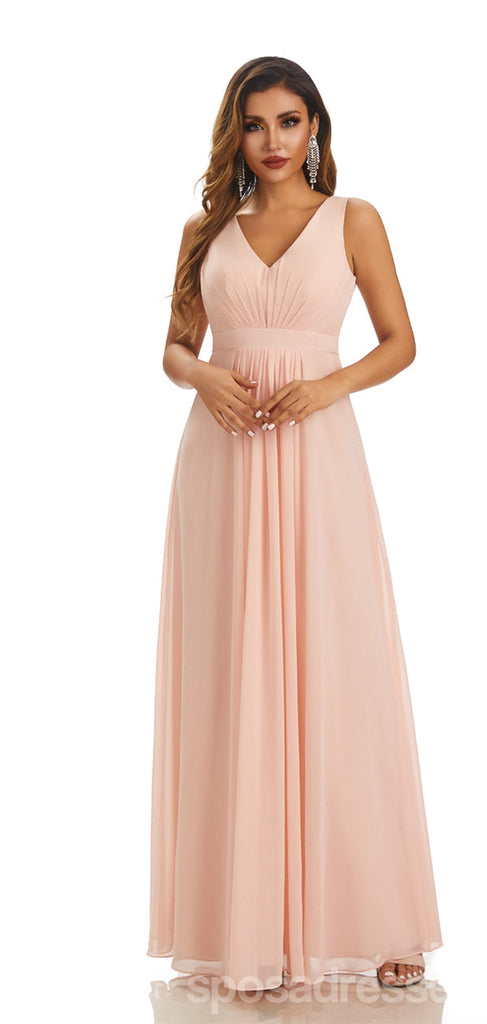 Pink A-line Straps V-neck Cheap Chiffon Long Bridesmaid Dresses,WG1608