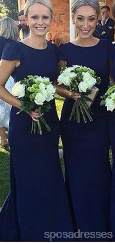 Navy Blue Mermaid Short Sleeves Jewel Cheap Long Bridesmaid Dresses,WG1321