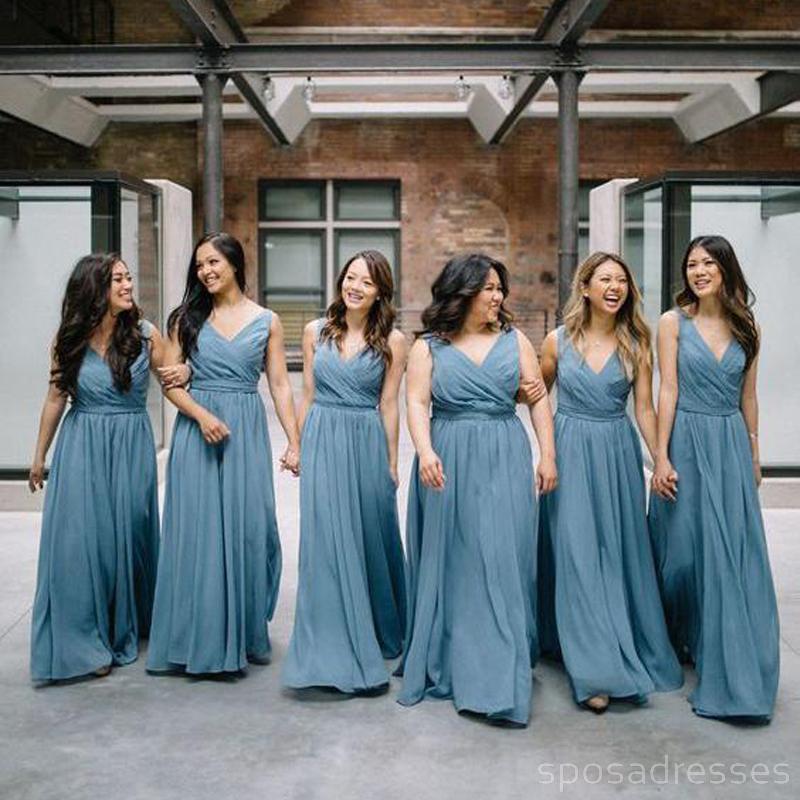 Chiffon V Neck Dusty Blue Long Long Bridesmaid Dresses Online, WG251