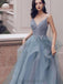 Dusty Blue V Neck Spaghetti Straps Lace Beaded Cheap Evening Prom Dresses, Evening Party Prom Dresses, 12170