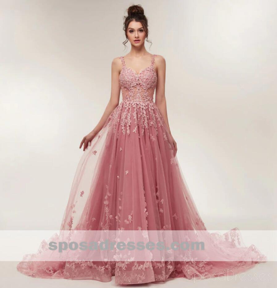 See Through Dusty Pink Lace A-line Long Evening Prom Dresses, Cheap Sweet 16 Dresses, 18354