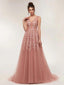 Dusty Pink V Neck Lace Beaded Long Evening Prom Dresses, Cheap Custom Sweet 16 Dresses, 18521