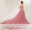 See Through Dusty Pink Lace A-line Long Evening Prom Dresses, Cheap Sweet 16 Dresses, 18354