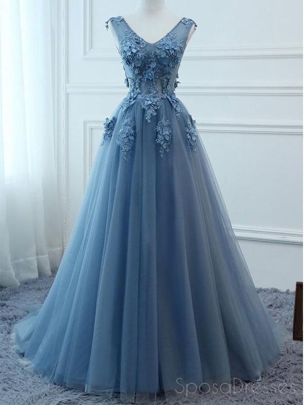 V Neck Dusty Blue Lace Perle Long Evening Prom Robes, Robes de bal pas cher Custom Party, 18585