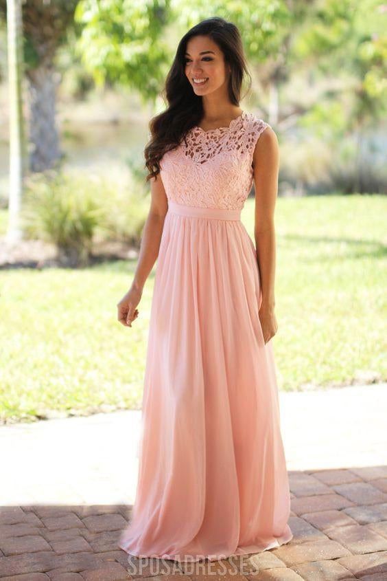 Elegant Lace Floor-Length Blush Pink Cheap Chiffon Bridesmaid Dresses, WG35