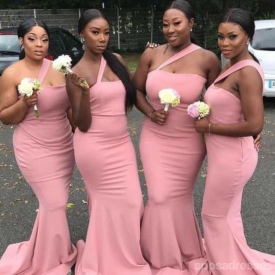 Simple Pink Mermaid One Shoulder Cheap Long Bridesmaid Dresses,WG1342