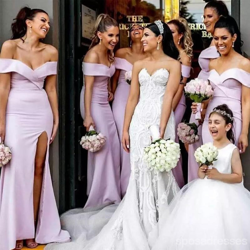 Pink Mermaid Off Shoulder V-neck High Slit Long Bridesmaid Dresses Gown Online,WG1095