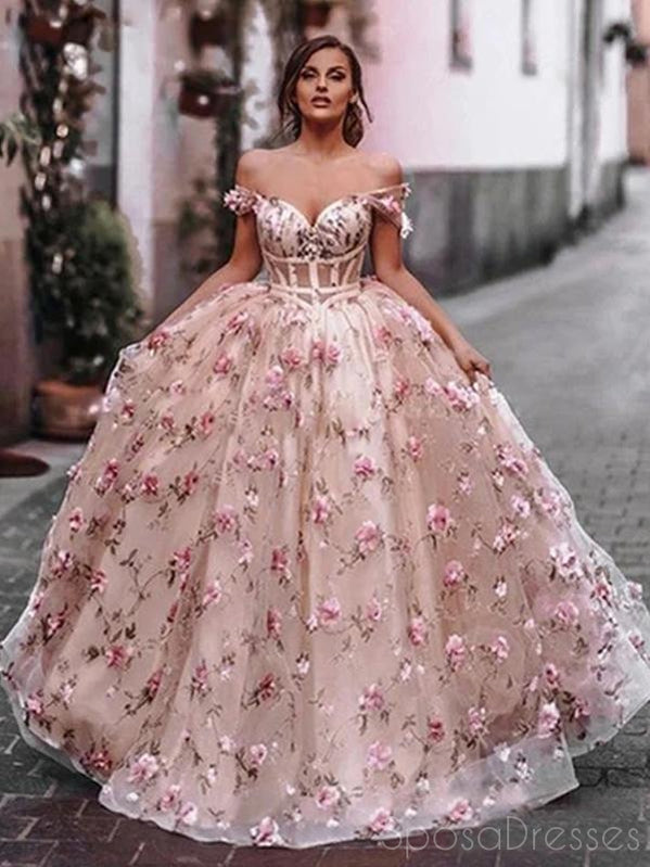 Pink A-line Off The Shoulder Custom Prom Dresses, Sweet 16 Prom Dresses, 12489