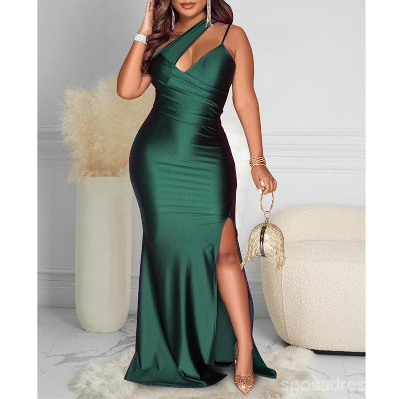 Emerald Green Mermaid One Shoulder High Slit Cheap Long Bridesmaid Dresses,WG1338