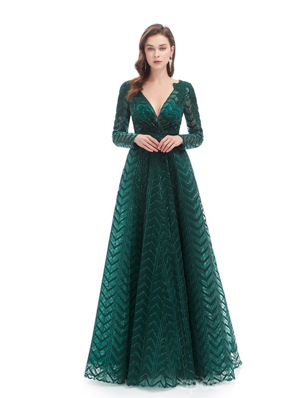 Emerald Green A-line Long Sleeves V-neck Prom Dresses Online,12800