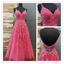 Hot Pink A-line Spaghetti Straps V-neck Cheap Long Prom Dresses Online,12810