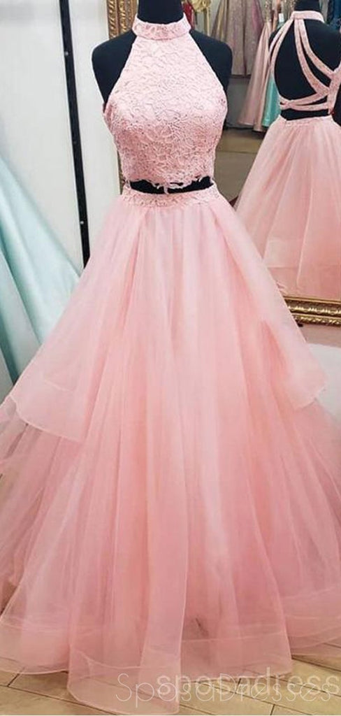 Two Pieces Blush Pink Lace Long Evening Prom Dresses, Cheap Custom Party Prom Dresses, 18609