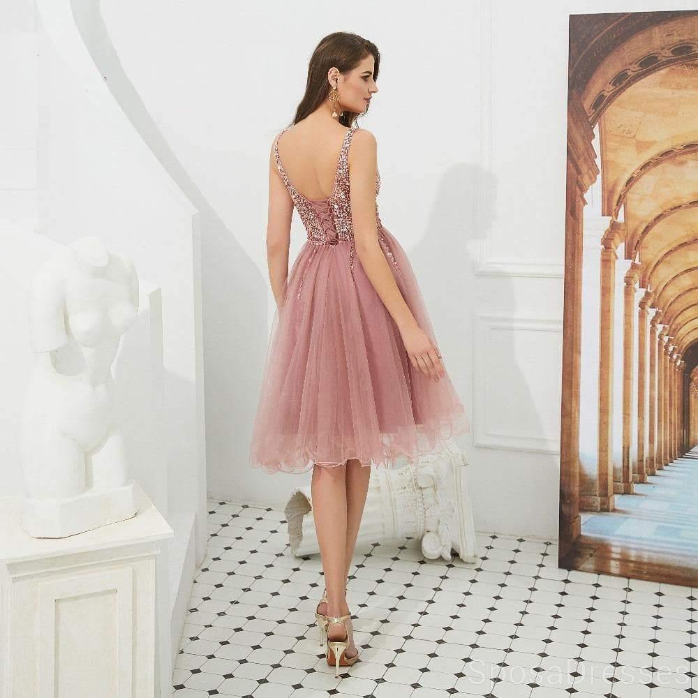 V Neck Dusty Pink Tulle Beaded Short Homecoming Dresses Online, Cheap Short Prom Dresses, CM845