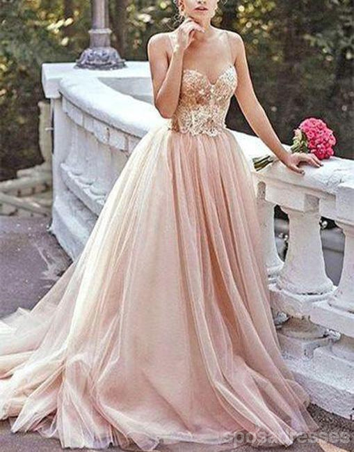 Gold Sequin A line Evening Prom Dresses, Long Tulle Party Prom Dresses, 17051