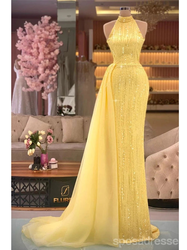 Sexy Gold Mermaid Halter Cheap Long Prom Dresses Online,13070