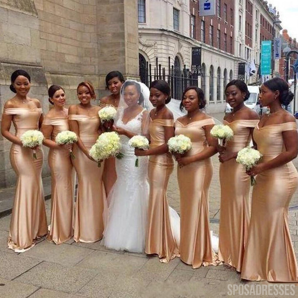 Gold Mermaid Off the Shoulder Sweetheart Long Bridesmaid Dresses Gown Online, WG1000