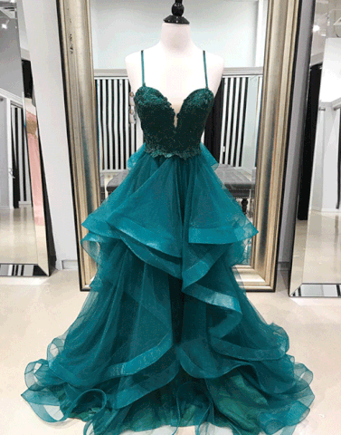 Cintas de espaguete Verde Esmeralda, Uma linha Personalizada Longa Noite Vestidos de Baile, 17723