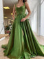 Green Straps A-line High Slit Party Prom Dresses, Cheap Dance Dresses,12539